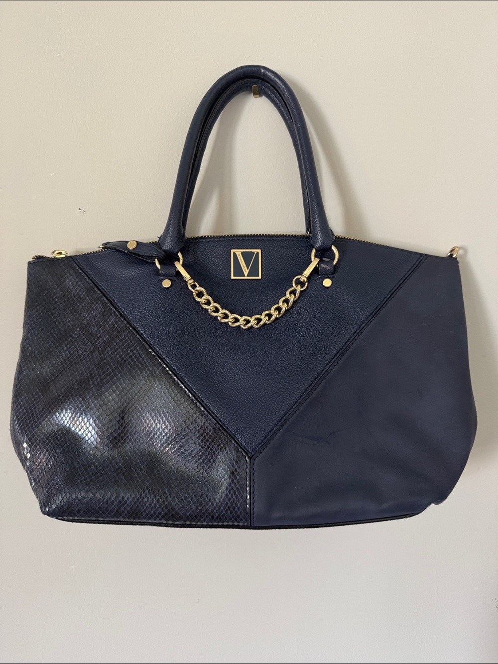 Victoria's Secret Navy Mixed-Texture Tote with Gold Chain